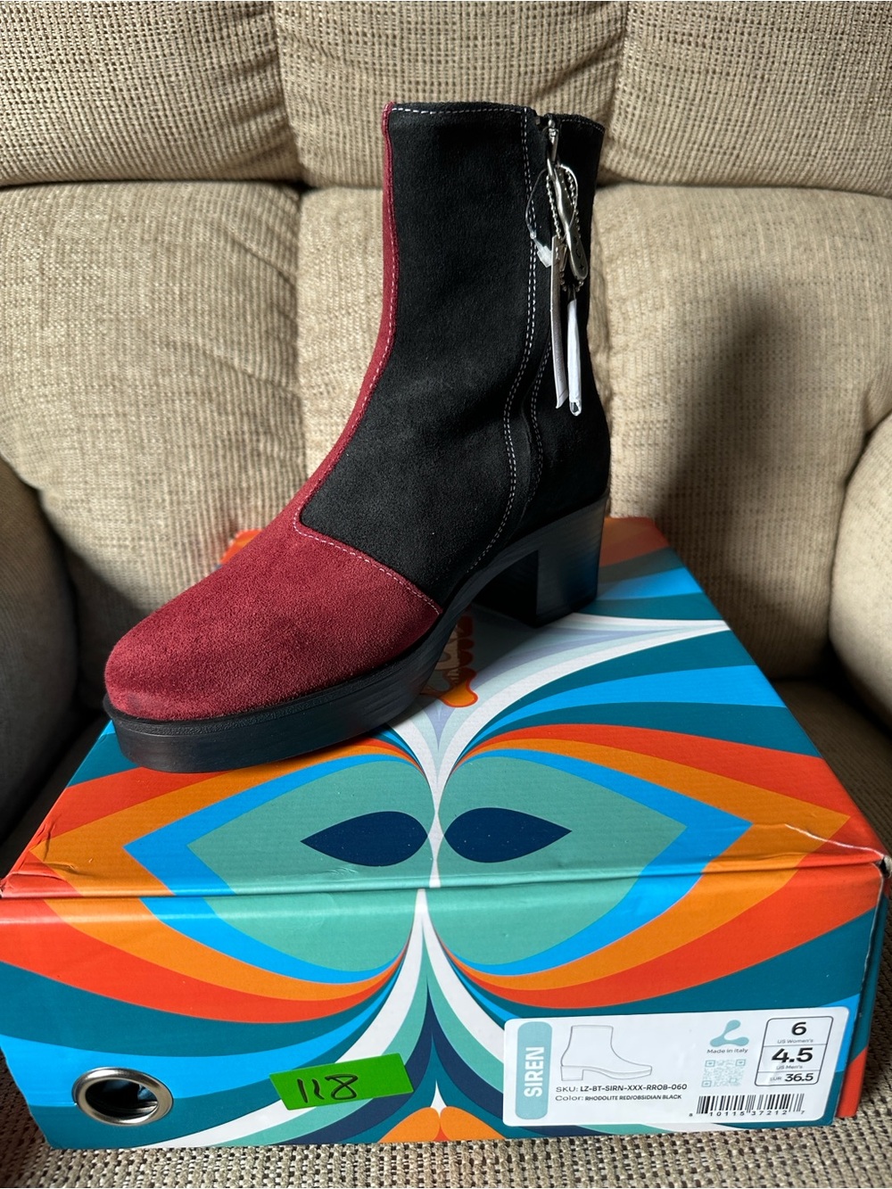 Two-Tone Suede Platform Ankle Boot — Black & Burgundy